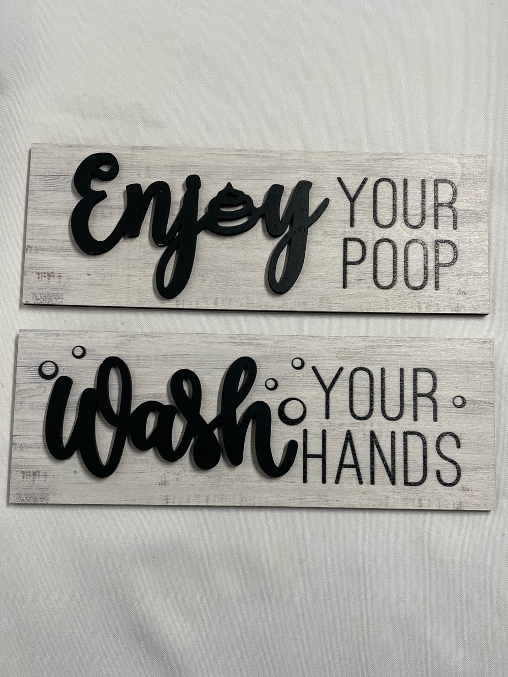 Set of 2 Cute 3.5x10 Bathroom Signs Decor “Enjoy Your Poop” & “Wash Your Hands”